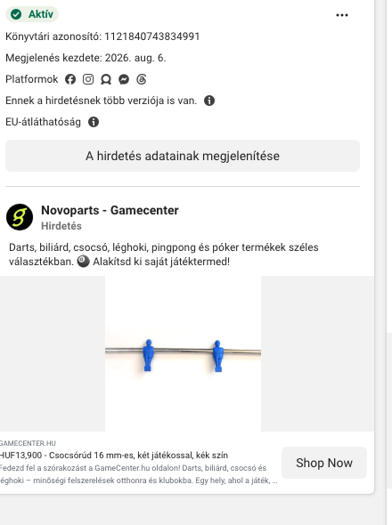 Gamecenter.hu aktív Meta hirdetés csocsórúd termékfotóval és árral