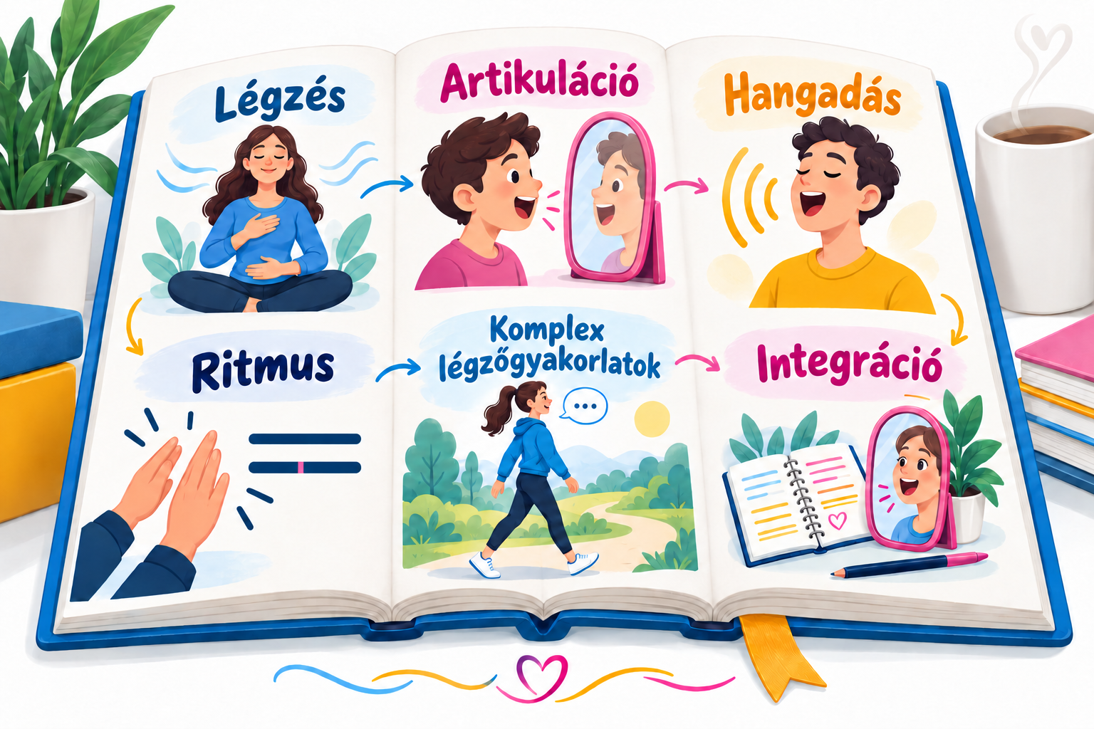 Légzés, artikuláció, hangadás, ritmus, komplex légzőgyakorlatok, integráció
